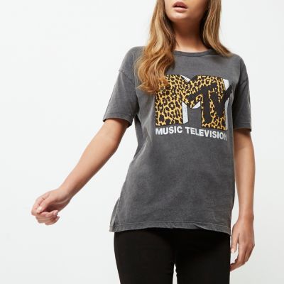 Grey washed leopard &#39;MTV&#39; logo loose T-shirt